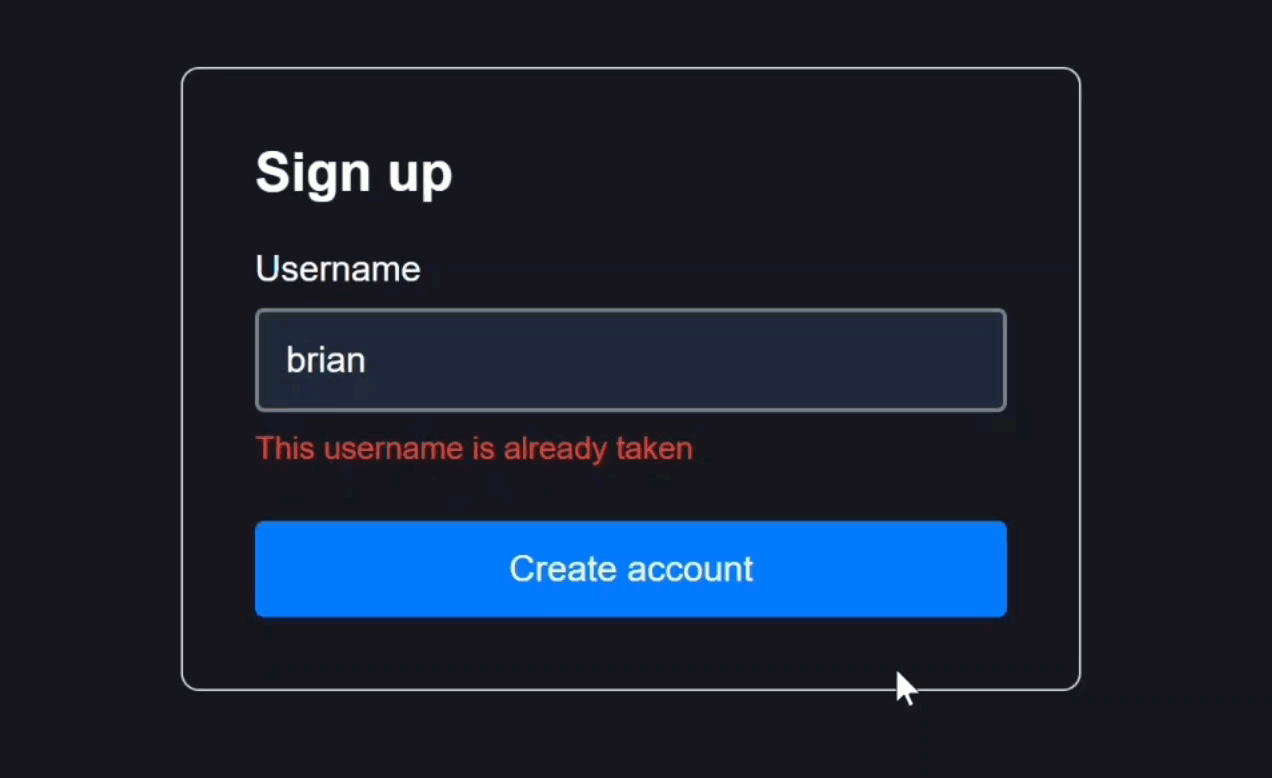 The signup form with username field and submission focusing the first invalid field