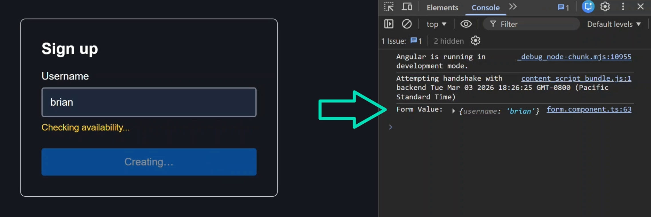 The signup form with username field and a submission log