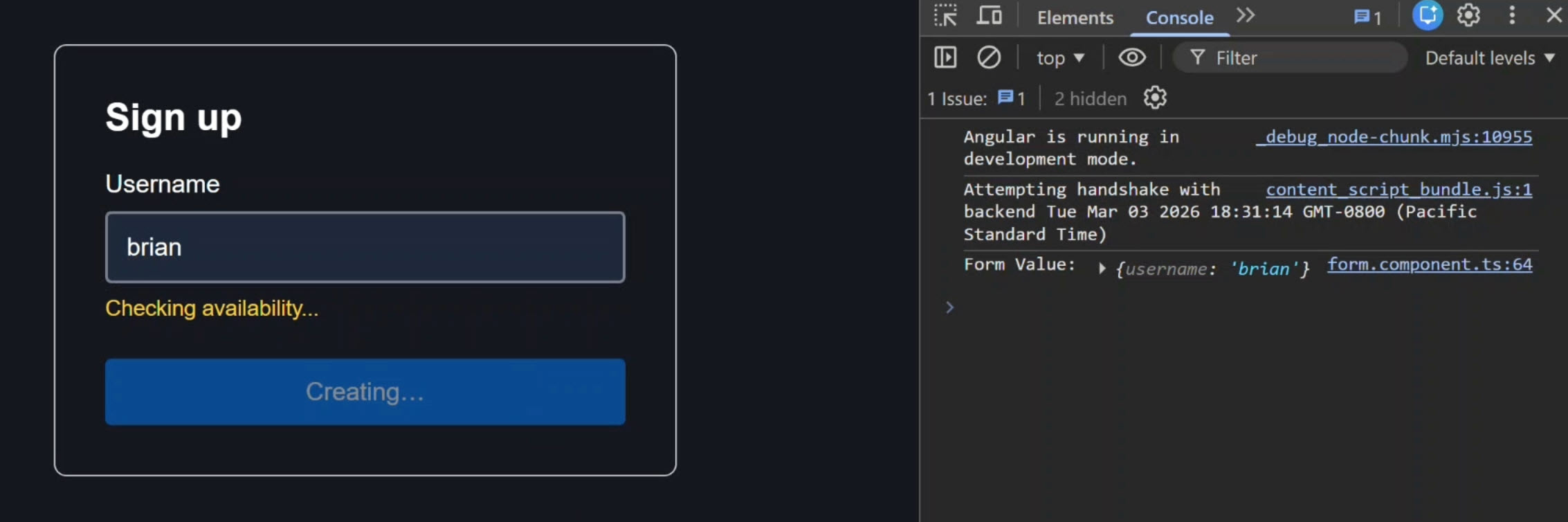 The signup form with username field and a submission while the async validator is still running