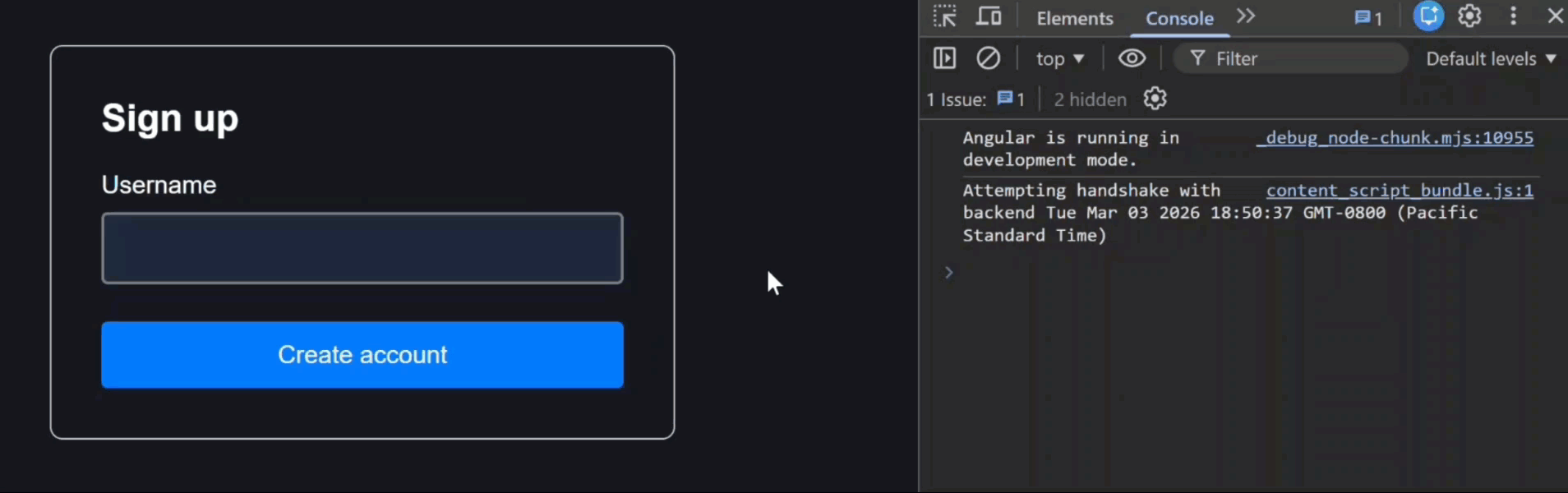 The signup form with username field and a submission with empty required field