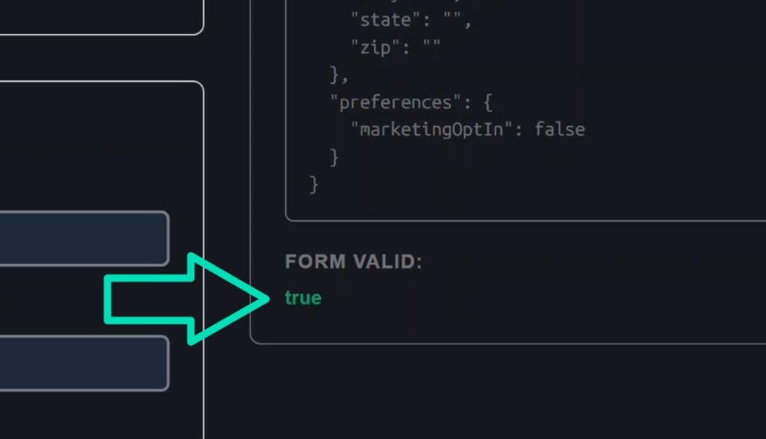 The debug panel showing the form object with the account information, shipping address, and preferences sections