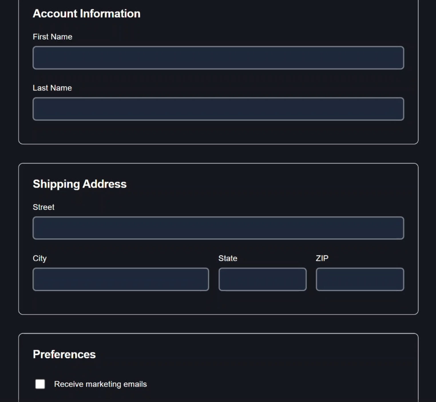 The profile form with the account information, shipping address, and preferences sections
