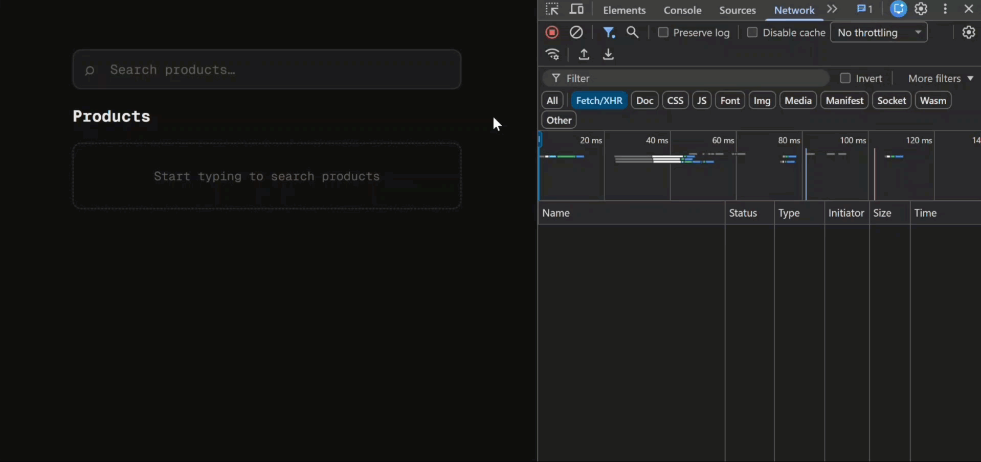 A GIF showing the browser's network tab firing a new API request after the user stops typing for 1 second