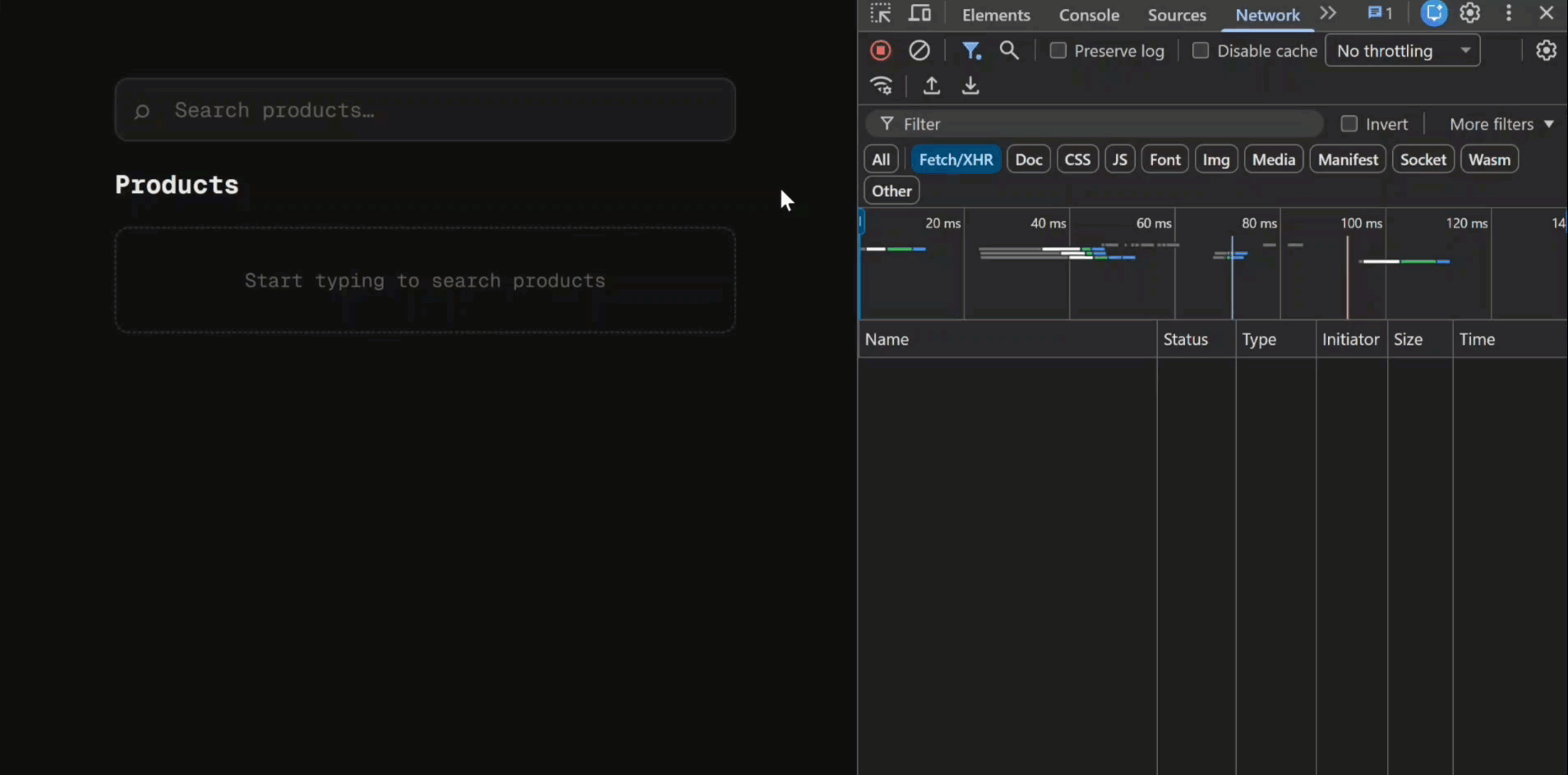 A GIF showing the browser's network tab firing a new API request on every keystroke in the search input