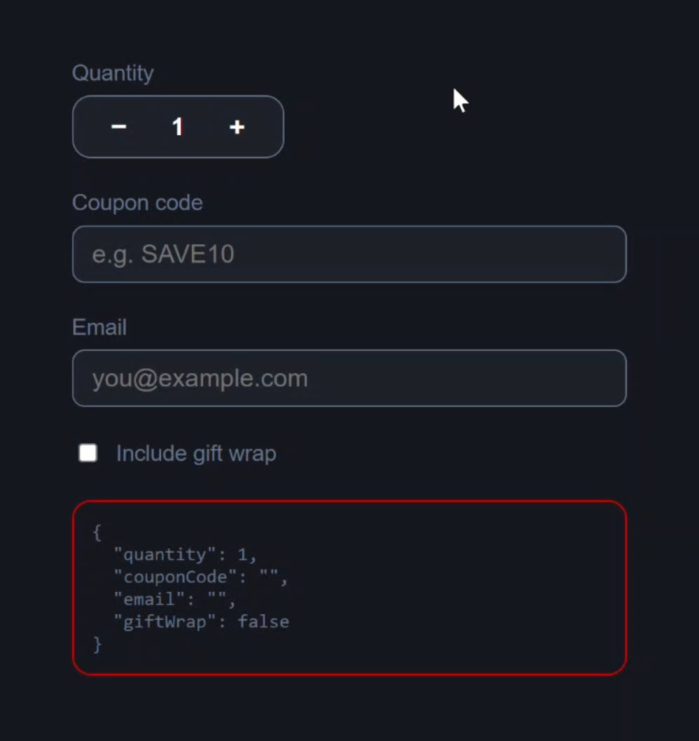 A cart form with a quantity stepper, coupon code, email, and gift wrap checkbox