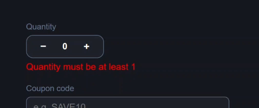 The error message appearing when the quantity is below 1