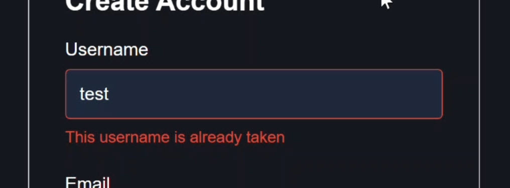 Validation error showing the username already exists