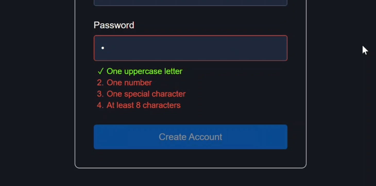 Typing in the password field successfully checks off each requirement one by one