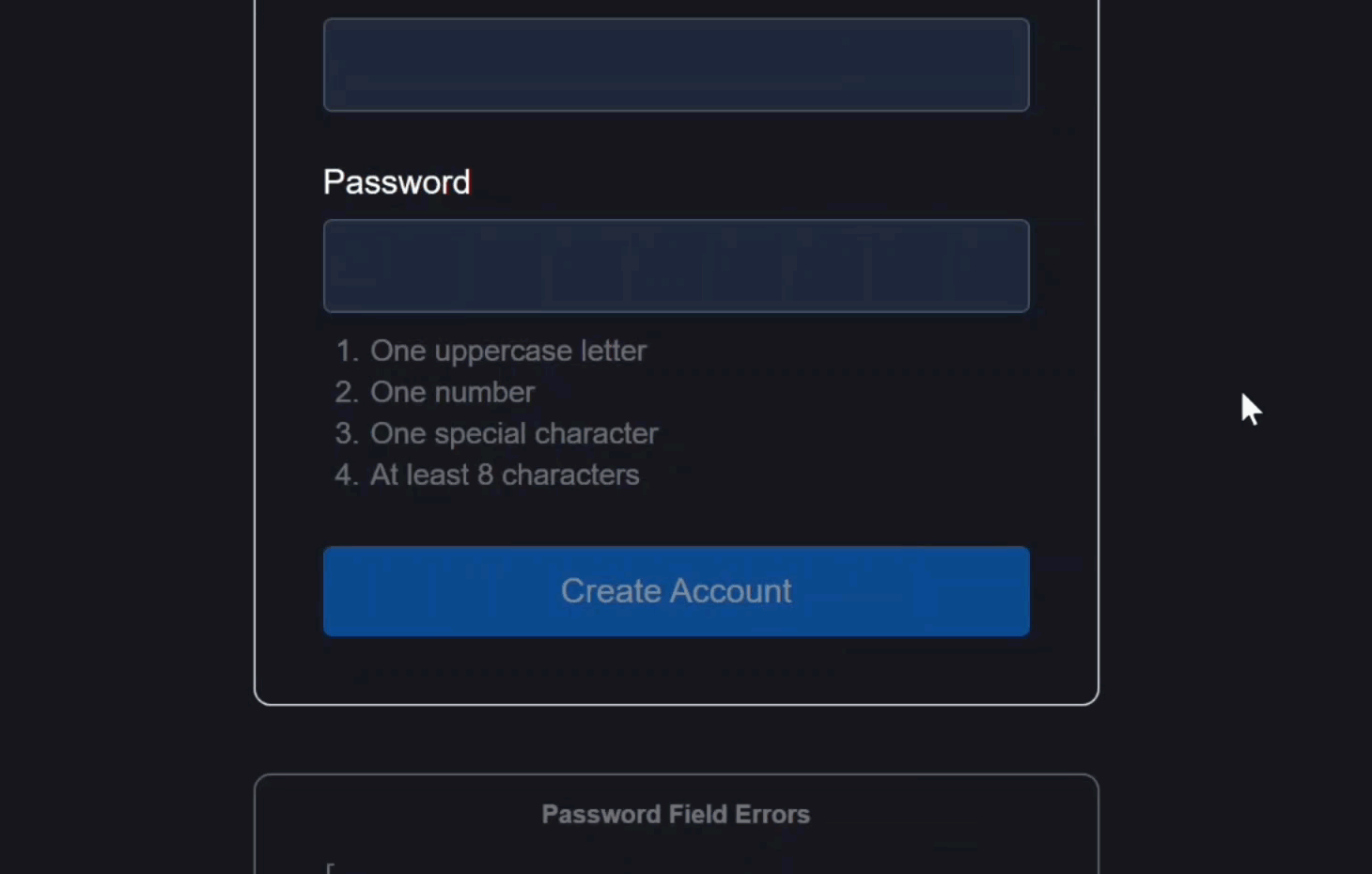 Typing in the password field successfully checks off each requirement one by one