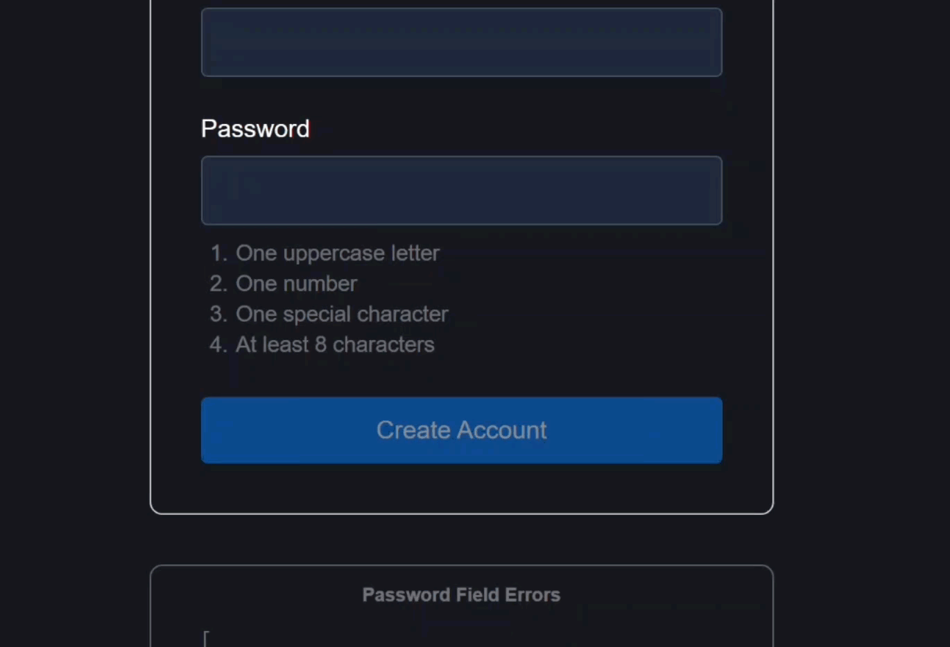 A sign-up form with a password checklist showing requirements for uppercase, number, special character, and length