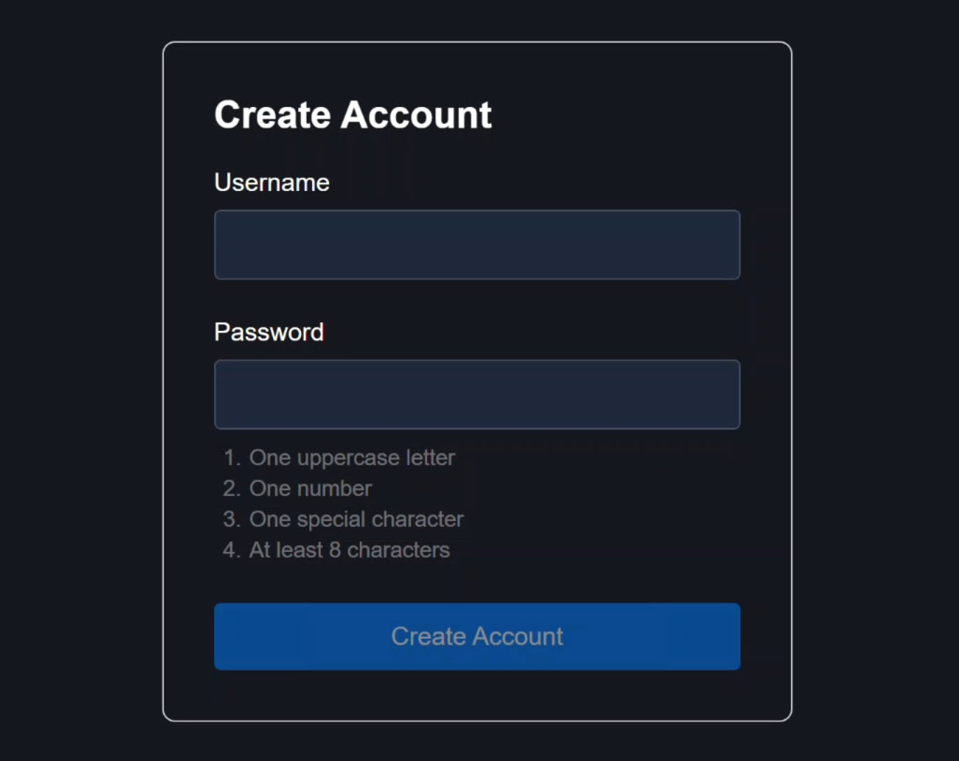 A sign-up form with a password checklist showing requirements for uppercase, number, special character, and length