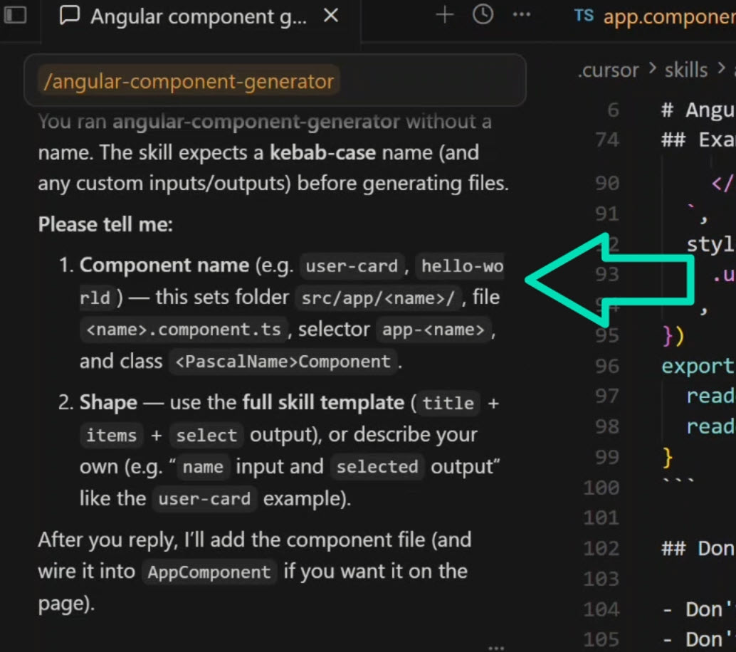 Cursor asking follow-up questions for the component name, inputs, and outputs.