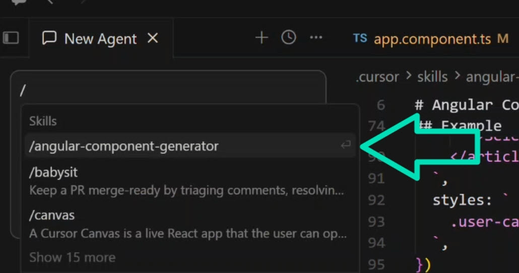 Typing the /angular-component-generator slash command in a new Cursor chat.