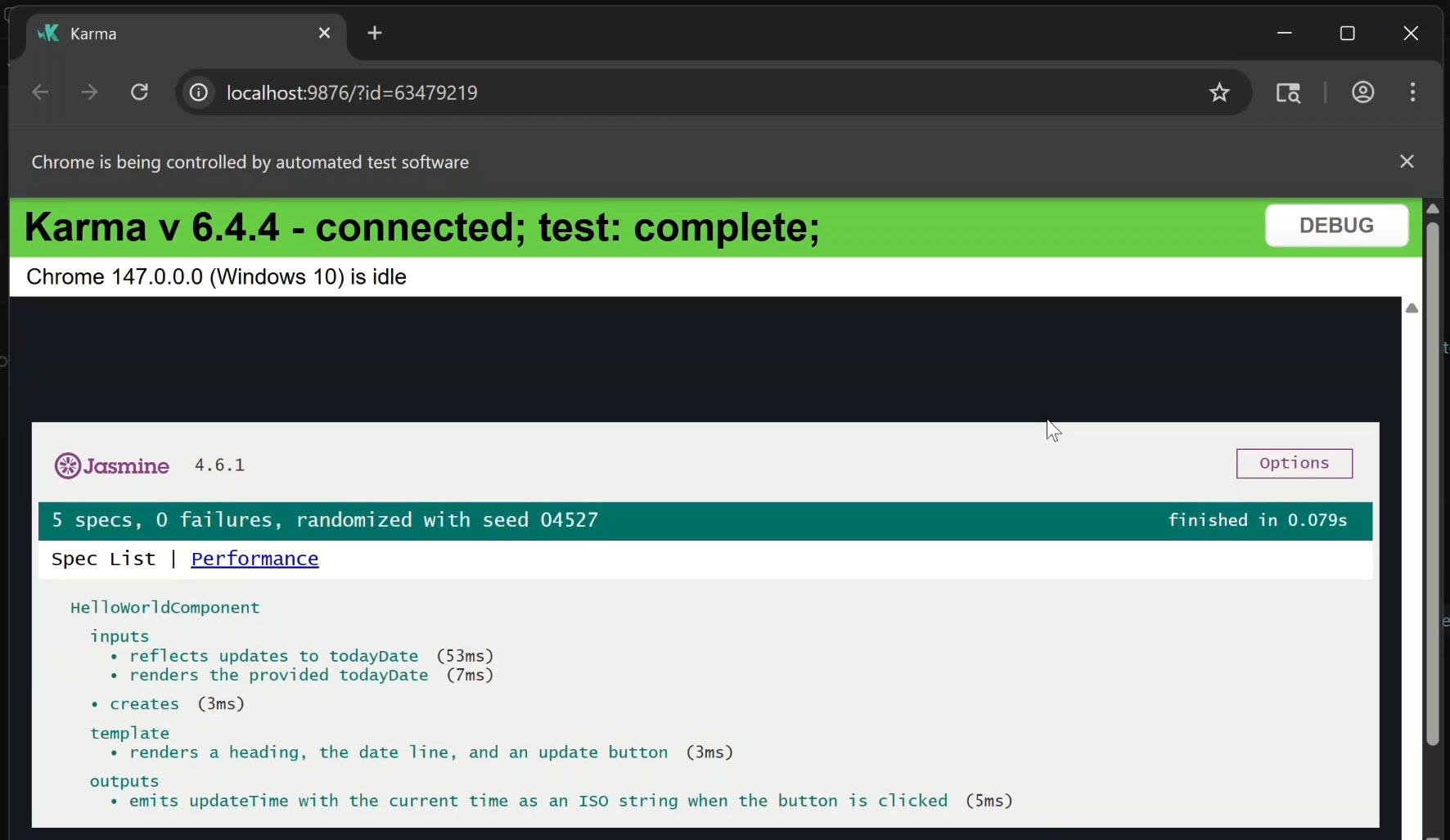 The tests passing in the terminal after running npm test.