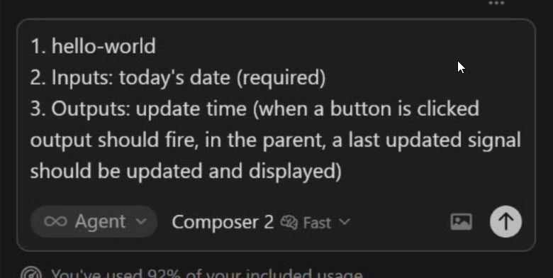 The user's reply with the hello-world component details: todayDate input and updateTime output.