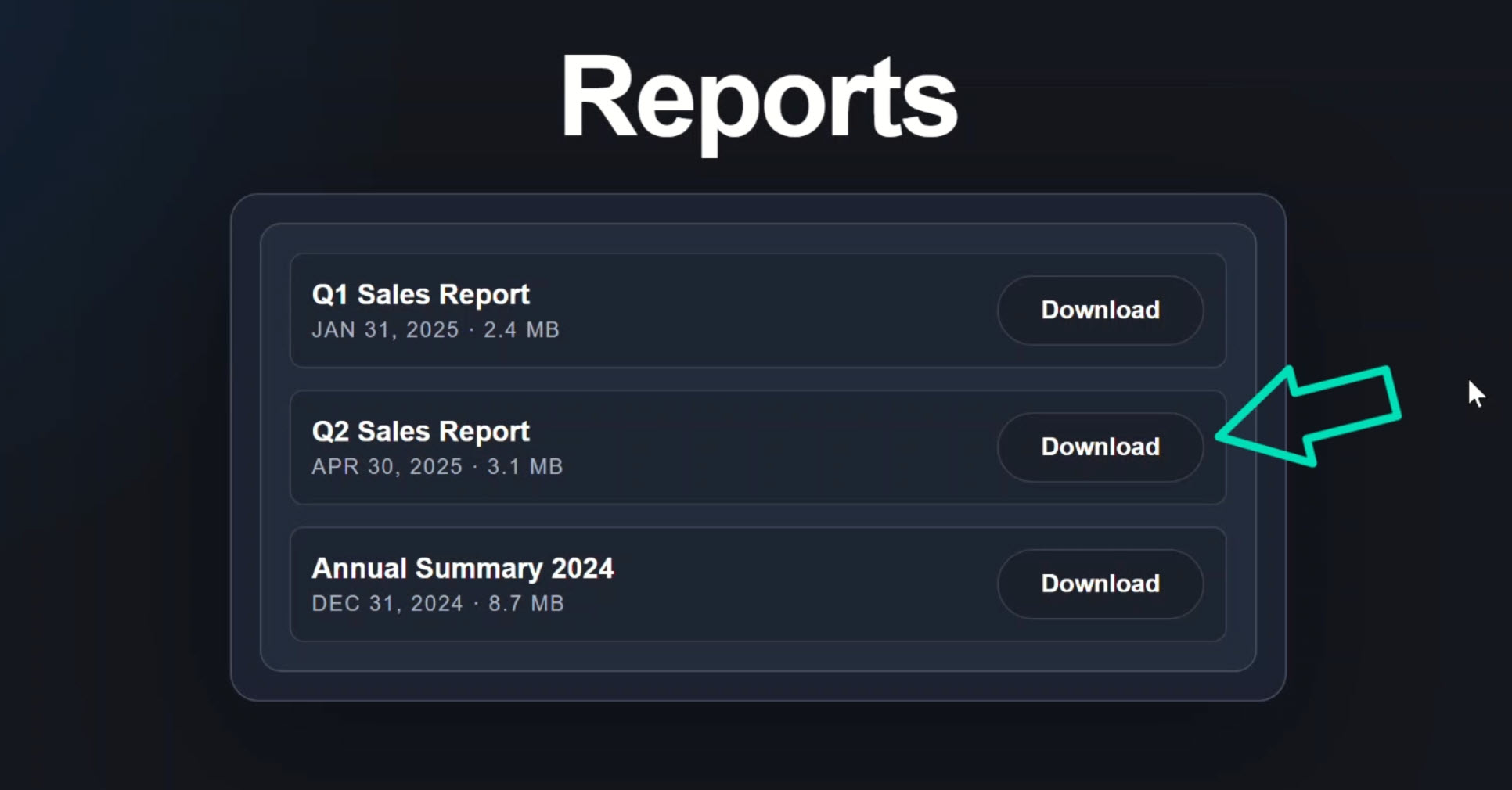 A simple reports page with a list of reports and a download button for each report