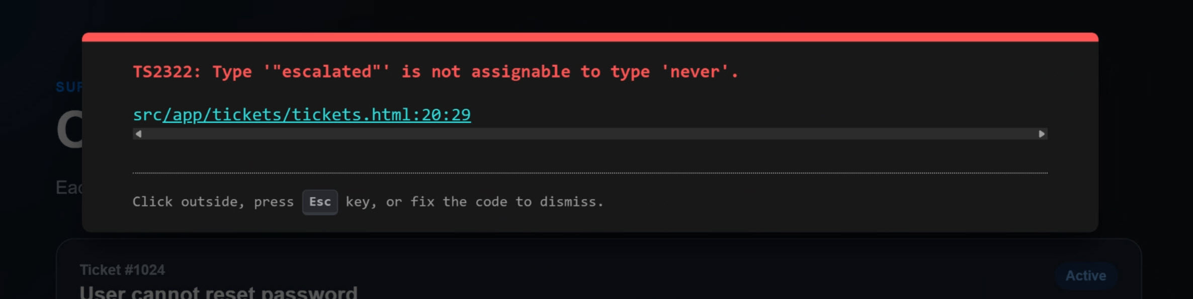 Escalated ticket error showing the template error message