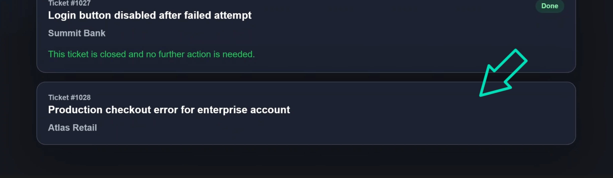 Escalated ticket showing the ticket title and customer, but no badge or message
