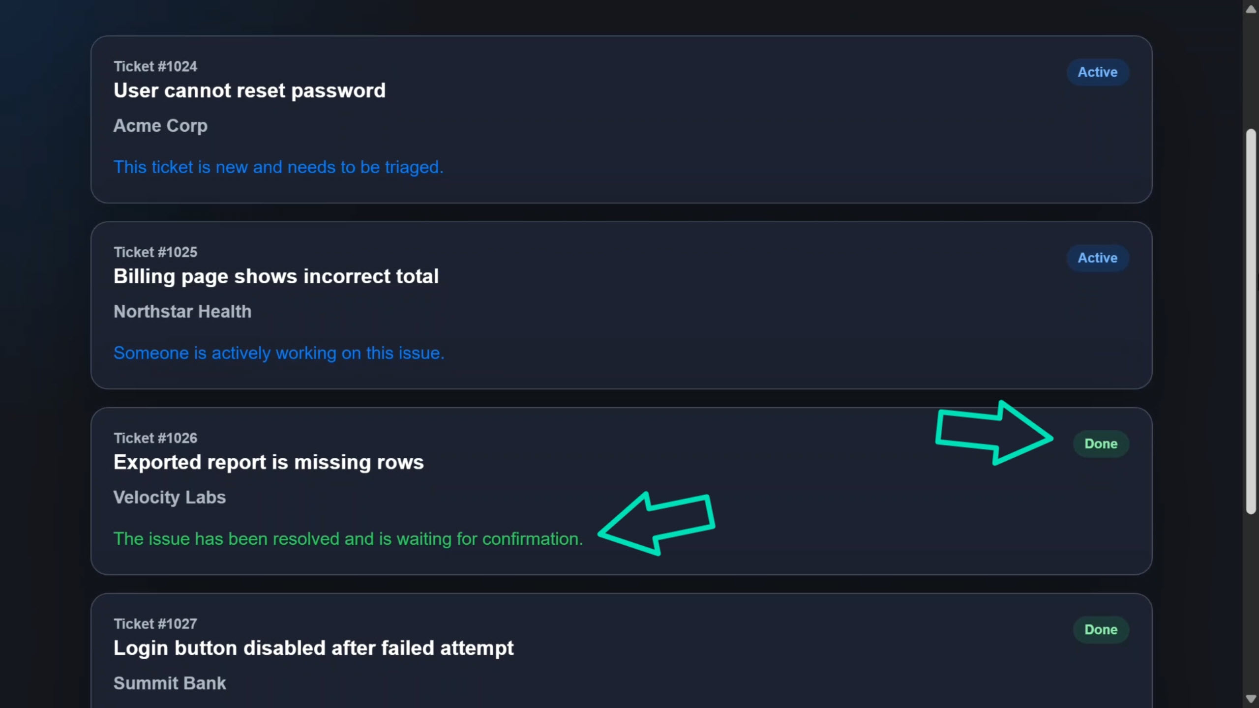 Support queue showing tickets with New, In Progress, Resolved, and Closed status labels