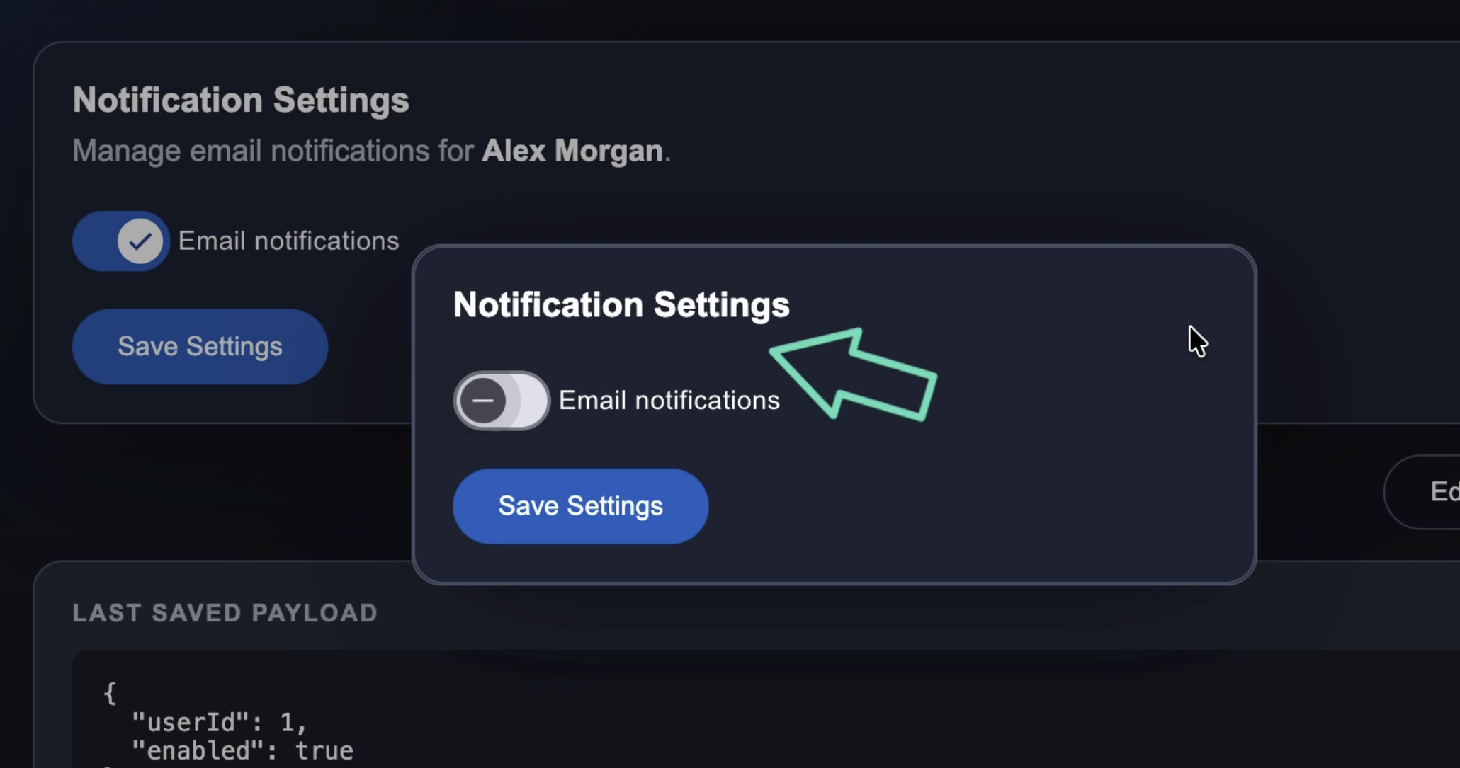 An example of the notification settings component rendered in a dialog, but disconnected from the parent