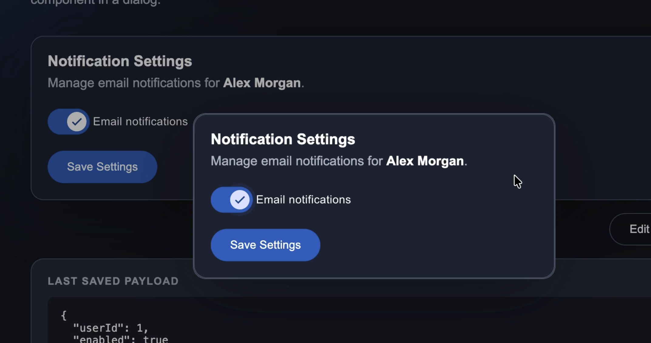 An example of the notification settings component with an input, model, and output being used inside a dialog
