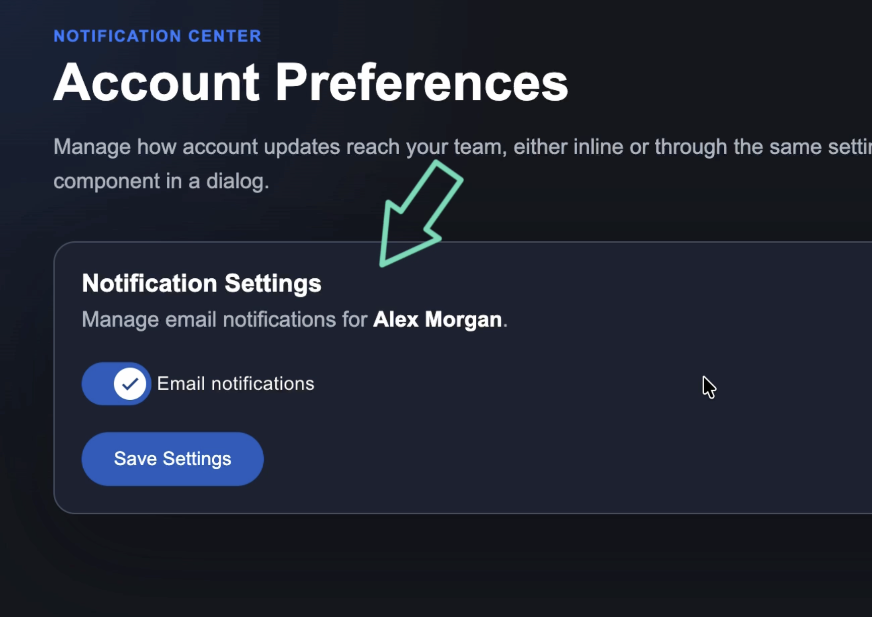 An example of the notification settings component with an input, model, and output being used inline in the parent template