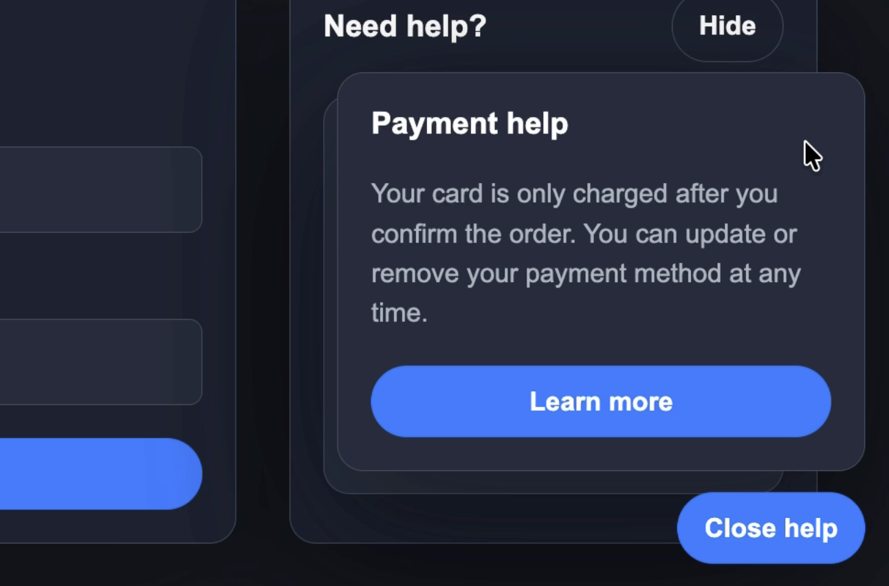 A screenshot of the checkout screen with the payment help message rendered as a floating support panel over the page