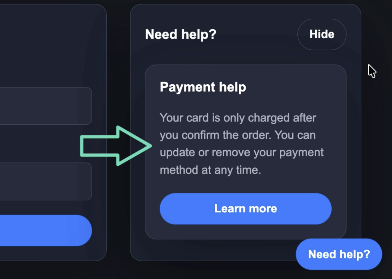 A screenshot of the checkout screen after the Need help button is clicked, showing a payment help message rendered in the sidebar