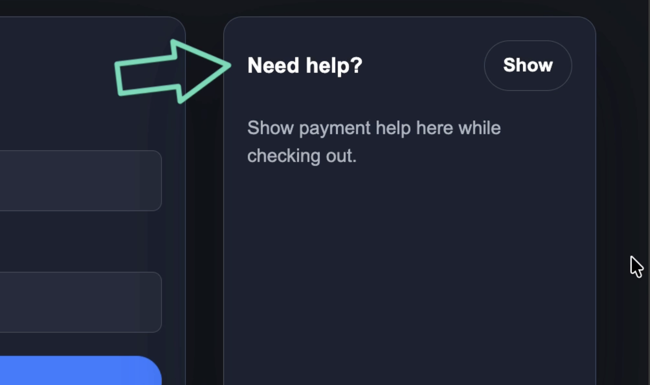 A screenshot of the checkout screen with a sidebar and a help area