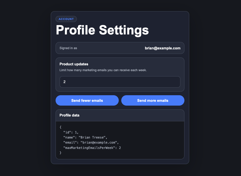 Example of a simple profile settings screen in Angular