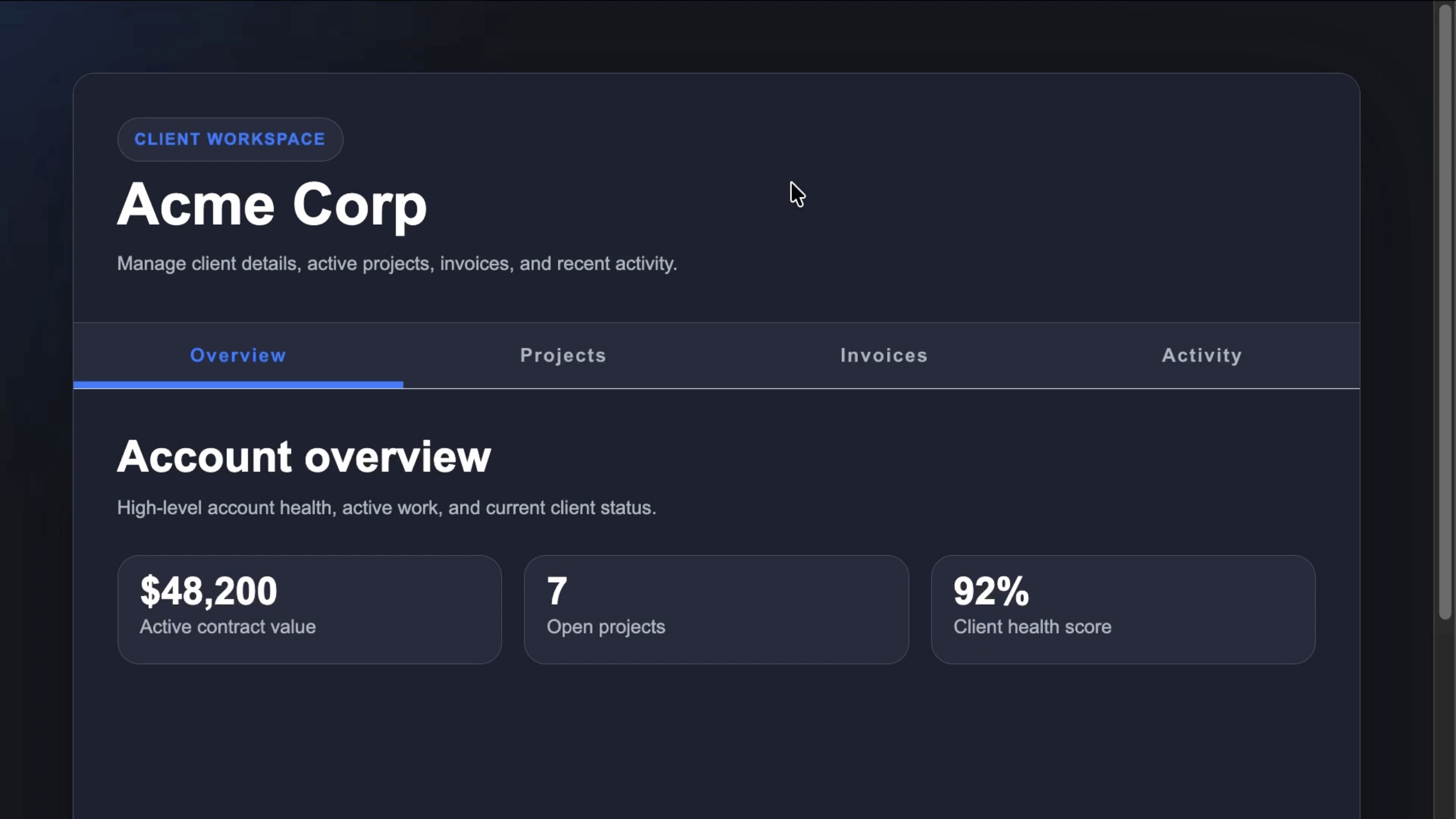 Example of a simple client workspace dashboard built using Angular Material tabs