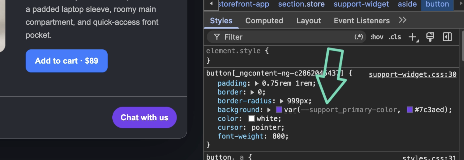 After namespacing, the storefront Add to cart button stays blue while the support Chat with us button uses its purple fallback, with DevTools showing var(--support_primary-color, #7c3aed)