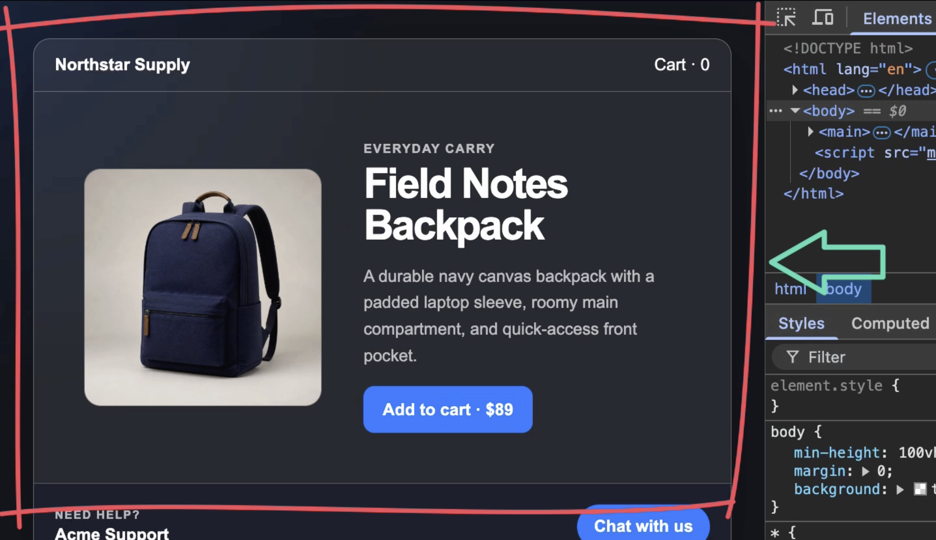 Northstar Supply storefront showing a Field Notes Backpack product card with a blue Add to cart button