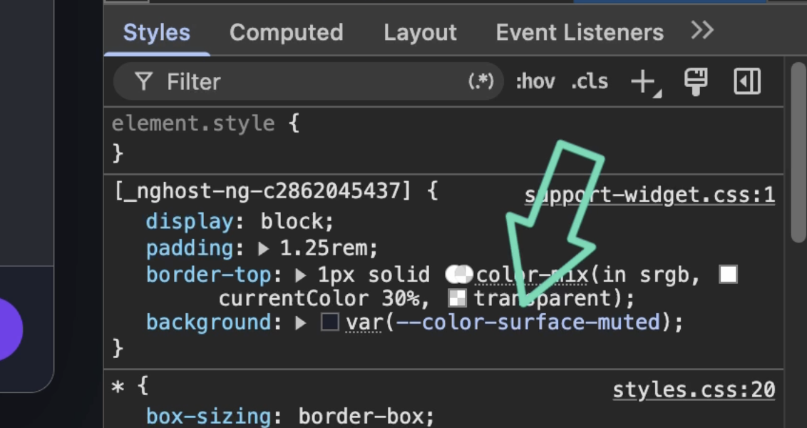 DevTools Styles panel showing the support widget background compiled back to the shared var(--color-surface-muted) after using the --global-- prefix