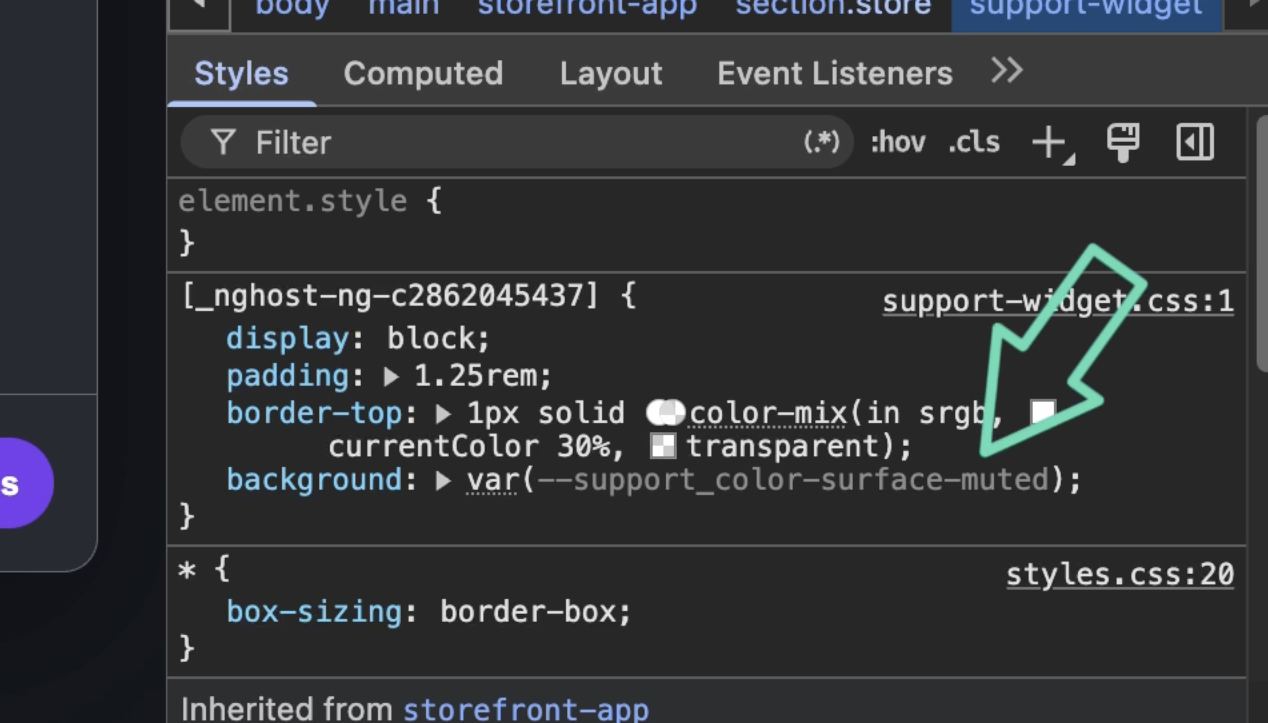 DevTools Styles panel showing the support widget background rewritten to the namespaced var(--support_color-surface-muted), isolating it from the page theme token