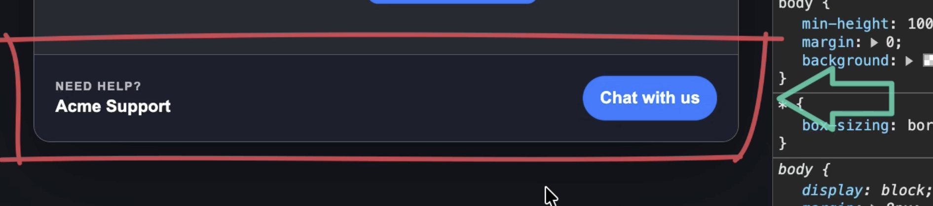 Acme Support widget nested in the storefront with a Chat with us button that incorrectly inherits the storefront's blue primary color