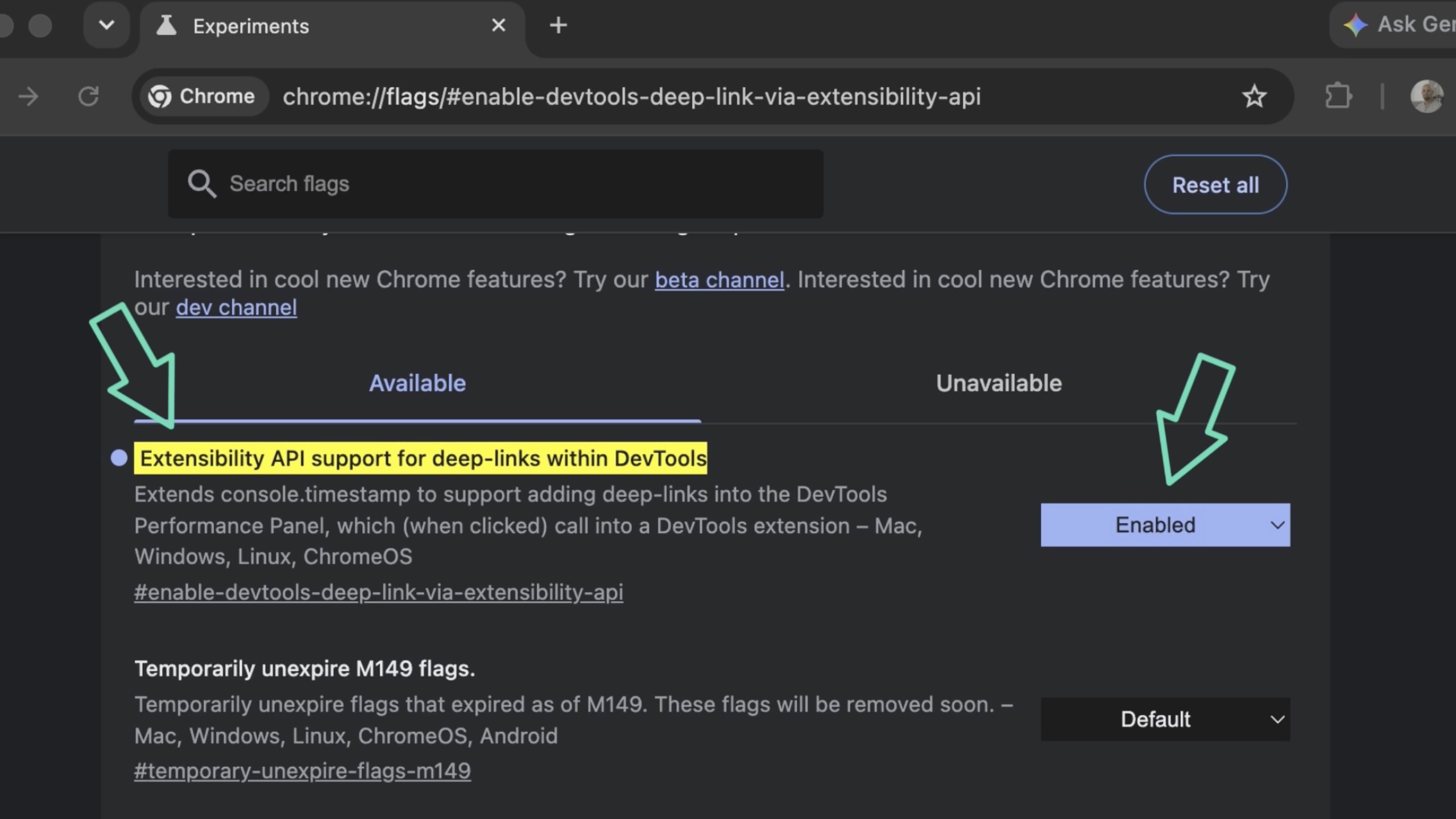 Chrome Flags page showing the Enable DevTools deep link via extensibility API flag enabled