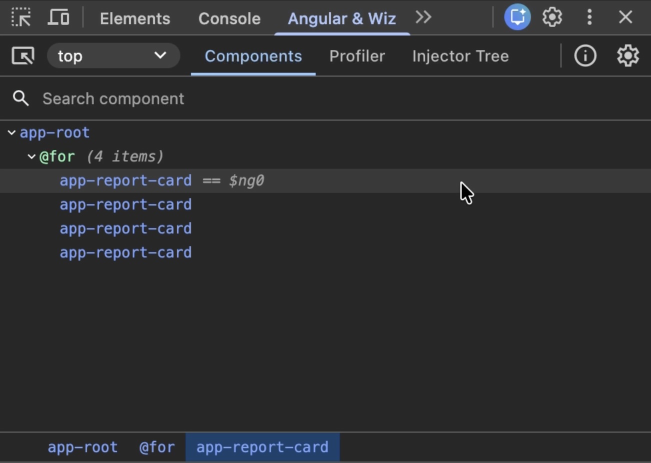 Angular DevTools Components tab showing four ReportCard instances