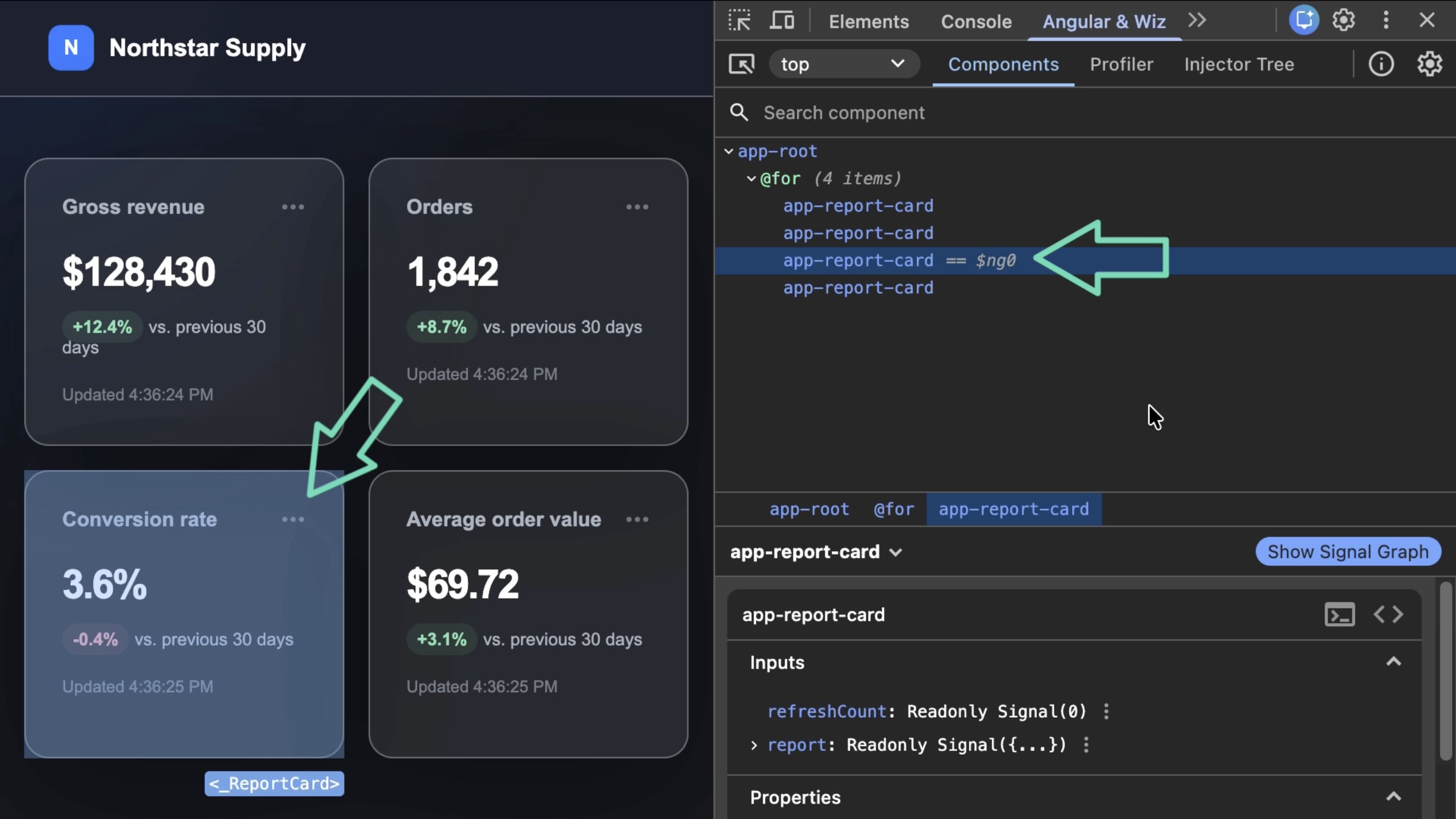 Chrome DevTools Performance panel showing the long-running ReportCard event selected