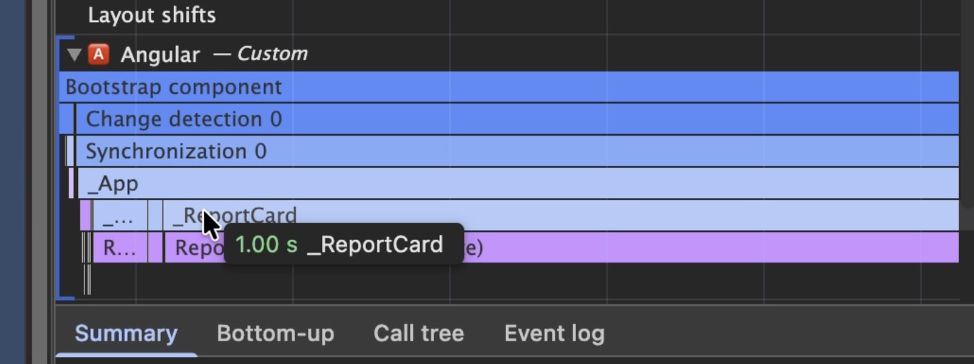 Chrome DevTools Performance panel showing the long-running ReportCard event selected