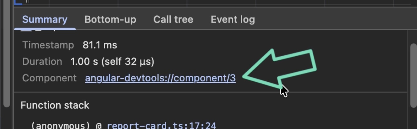Chrome DevTools Performance panel showing the long-running ReportCard event summary with a Component link