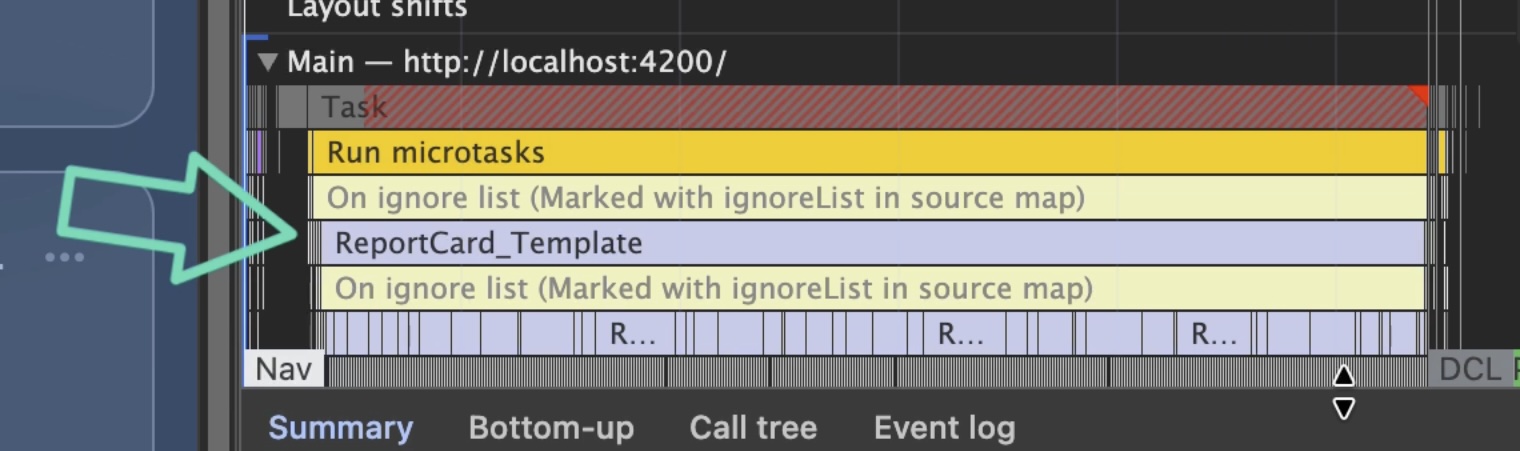 Chrome DevTools Performance panel showing a long-running ReportCard change detection event taking roughly one second