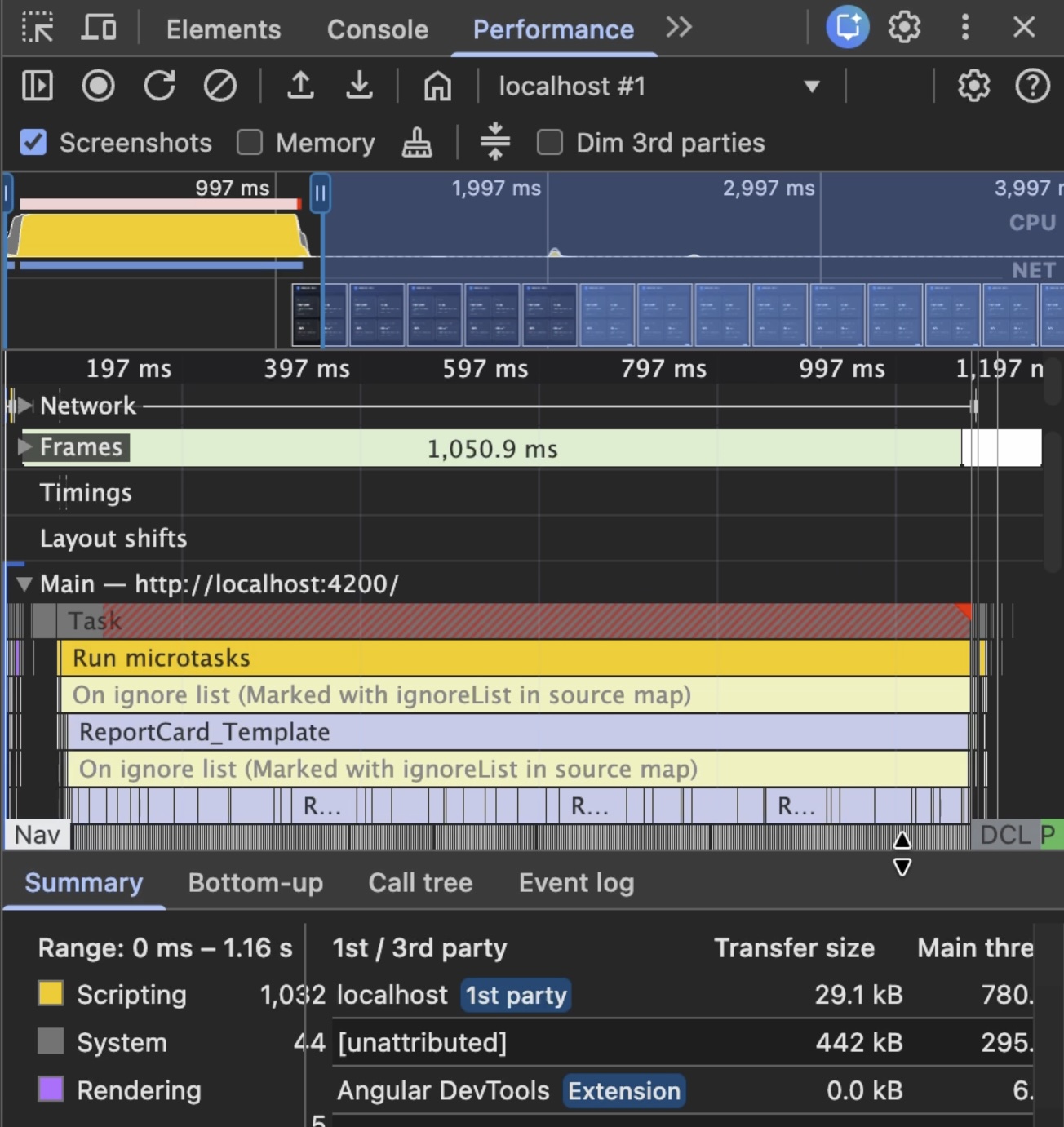 Chrome DevTools Performance panel showing a long-running ReportCard change detection event taking roughly one second