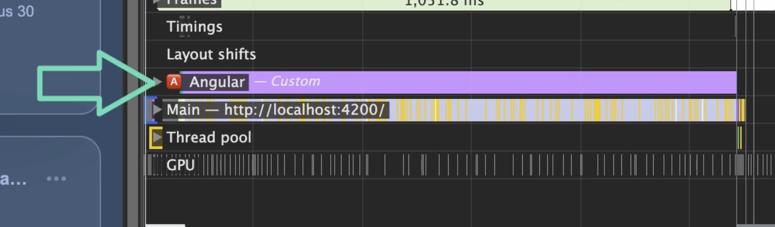 Chrome DevTools Performance panel showing the Angular track
